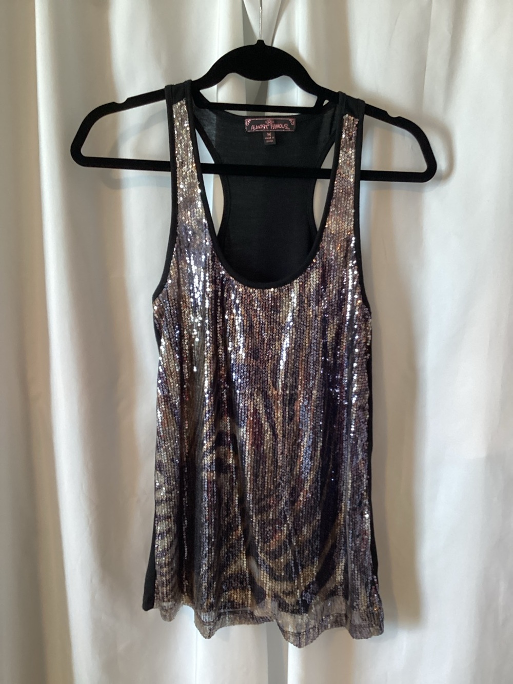 Almost Famous Iridescent Sequin Racerback Tank Top - Black with Silver Shine